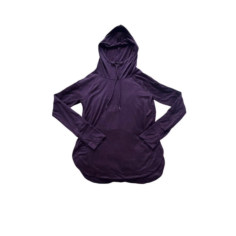 Plum Purple Heathered Lightweight Hoodie Thumbhole Cuffs Curved Hem Womens
